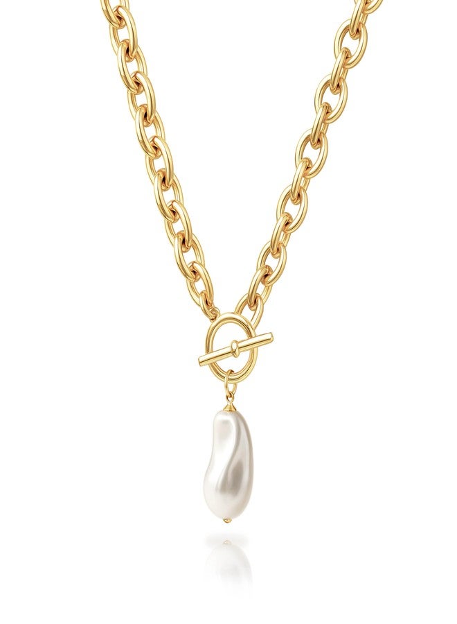 Zeffy Chunky Gold Pearl Necklace for Women Statement Large Baroque Pearl Pendant Necklace 14K Gold Chunky Thick Chain Link Vintage Toggle Clasp Jewelry Gifts - Image 1